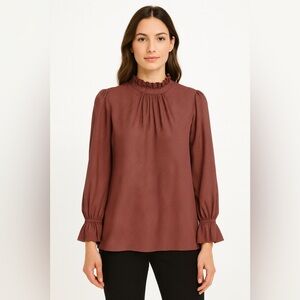 Caballero Anthropologie Silk Blend Ruffle Blouse High Neck Boho Top Red Size M